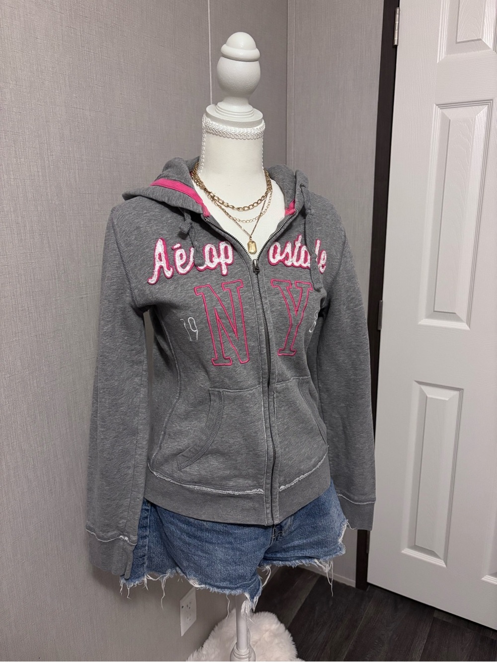 Aeropostale Gray Hoodie with Pink Trim and NY Embroidery